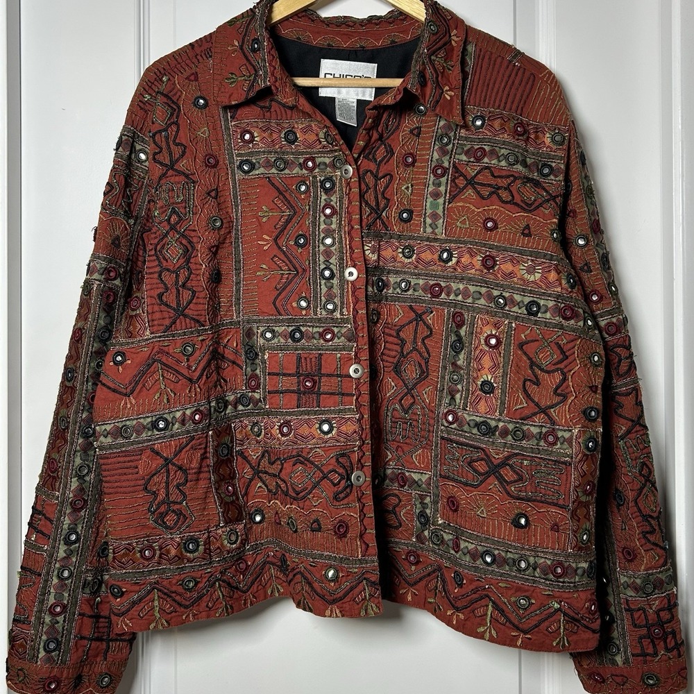 Chico's Vintage 90s Embroidered Patchwork Boho Jacket Maximalist Festival Style
